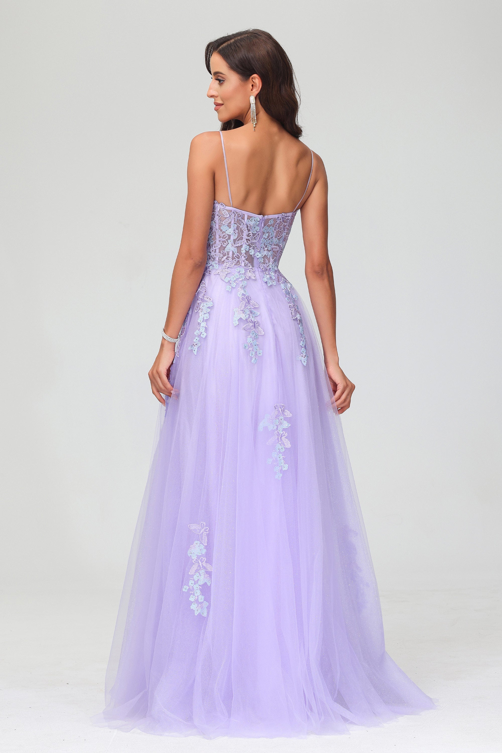 Spaghetti Straps Applique Empire Waist A-Line Tulle Maxi Prom Party Dress Formal Evening Gowns