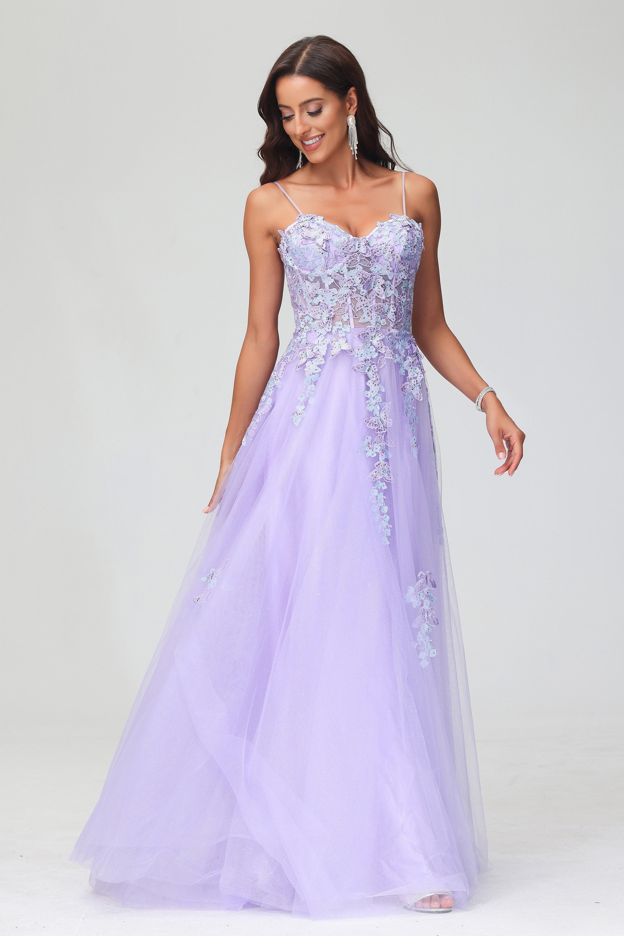 Spaghetti Straps Applique Empire Waist A-Line Tulle Maxi Prom Party Dress Formal Evening Gowns