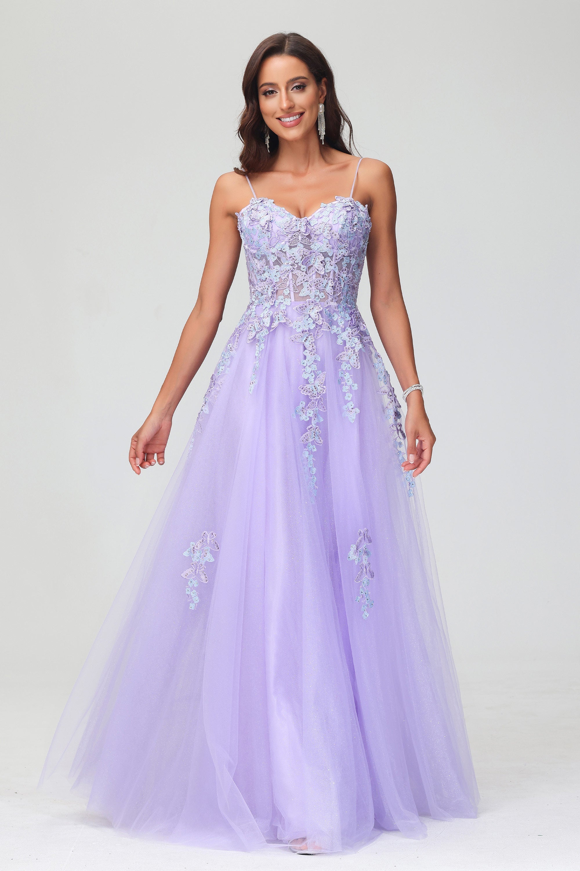 Spaghetti Straps Applique Empire Waist A-Line Tulle Maxi Prom Party Dress Formal Evening Gowns