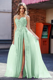 Spaghetti Straps Applique Empire Waist A-Line Tulle Maxi Prom Party Dress Formal Evening Gowns