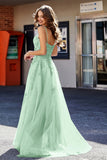 Spaghetti Straps Applique Empire Waist A-Line Tulle Maxi Prom Party Dress Formal Evening Gowns