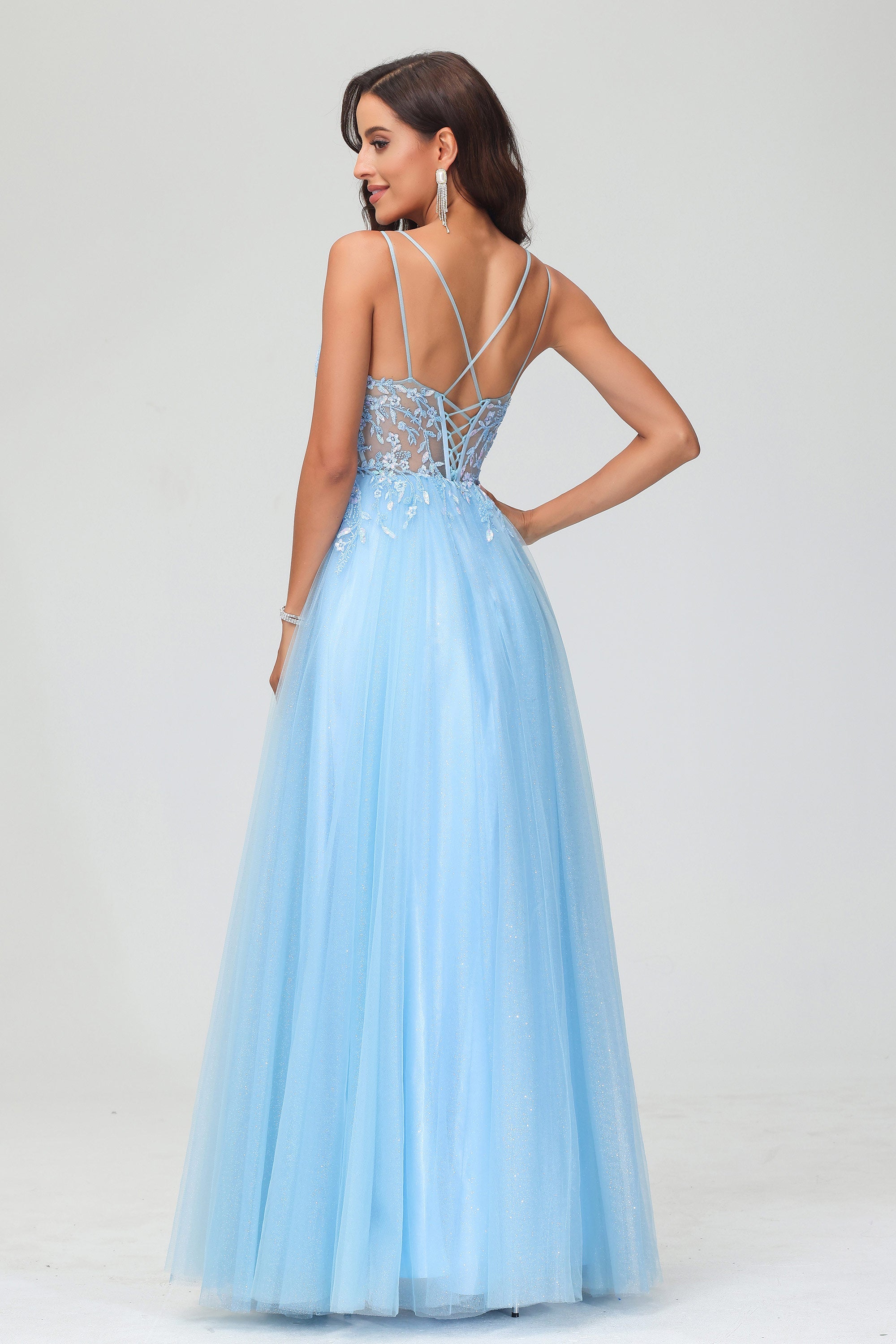 Bodenlanges, durchsichtiges A-Linien-Abendkleid mit Glitzertüll und Applikationen