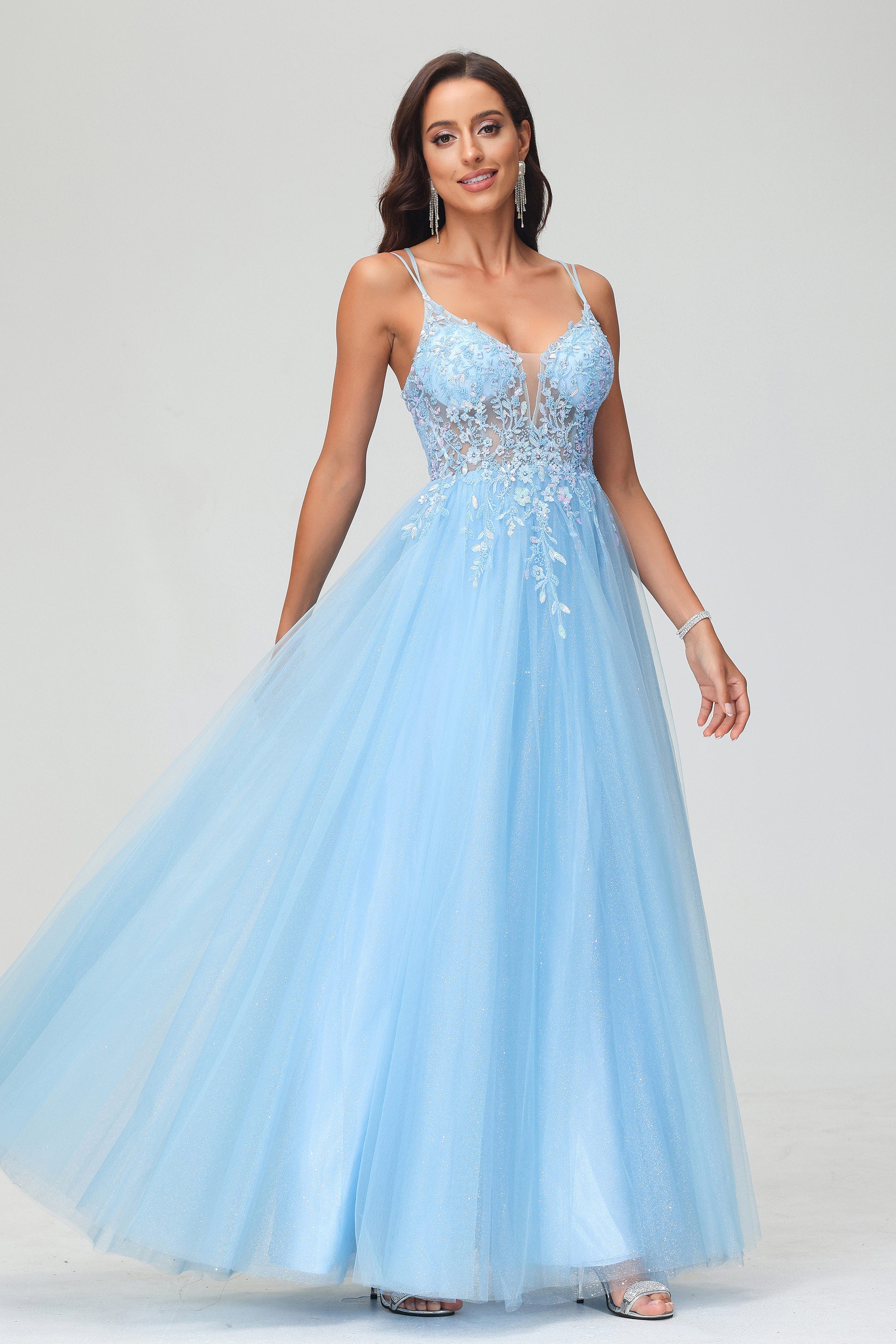 Bodenlanges, durchsichtiges A-Linien-Abendkleid mit Glitzertüll und Applikationen