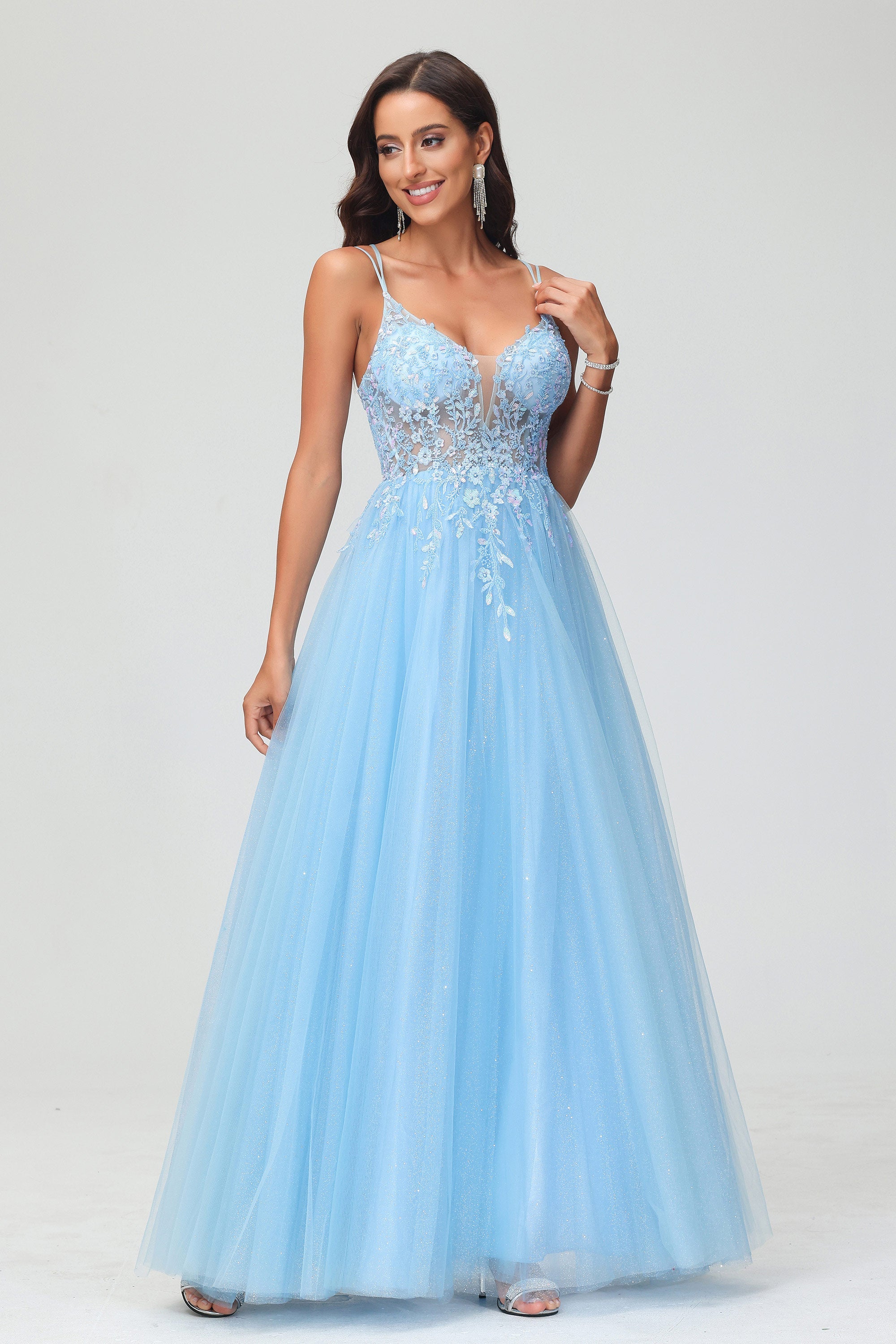 Bodenlanges, durchsichtiges A-Linien-Abendkleid mit Glitzertüll und Applikationen