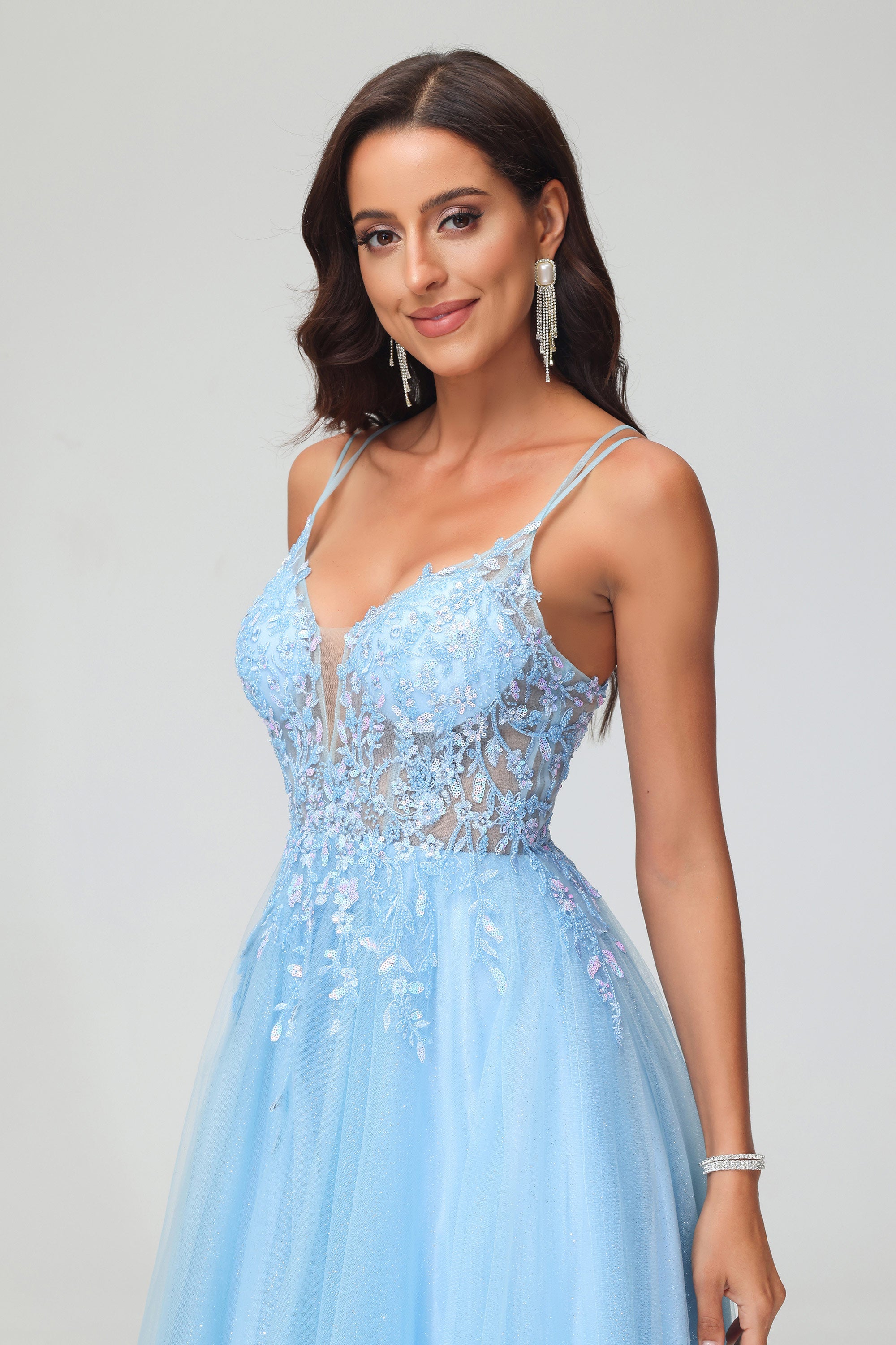 Bodenlanges, durchsichtiges A-Linien-Abendkleid mit Glitzertüll und Applikationen