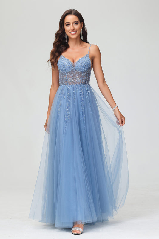 V-neck Beaded A-Line Tulle Sweep Train Formal Evening Dress With Slit Prom Party Ball Gowns