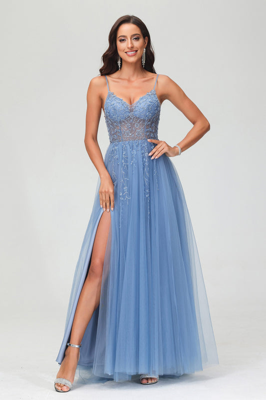 V-neck Beaded A-Line Tulle Sweep Train Formal Evening Dress With Slit Prom Party Ball Gowns