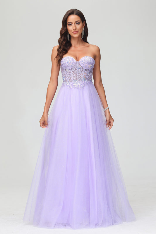 Sweetheart Bodice Applique A-Line Tulle Floor-Length Prom Party Dress Evening Ball Gowns