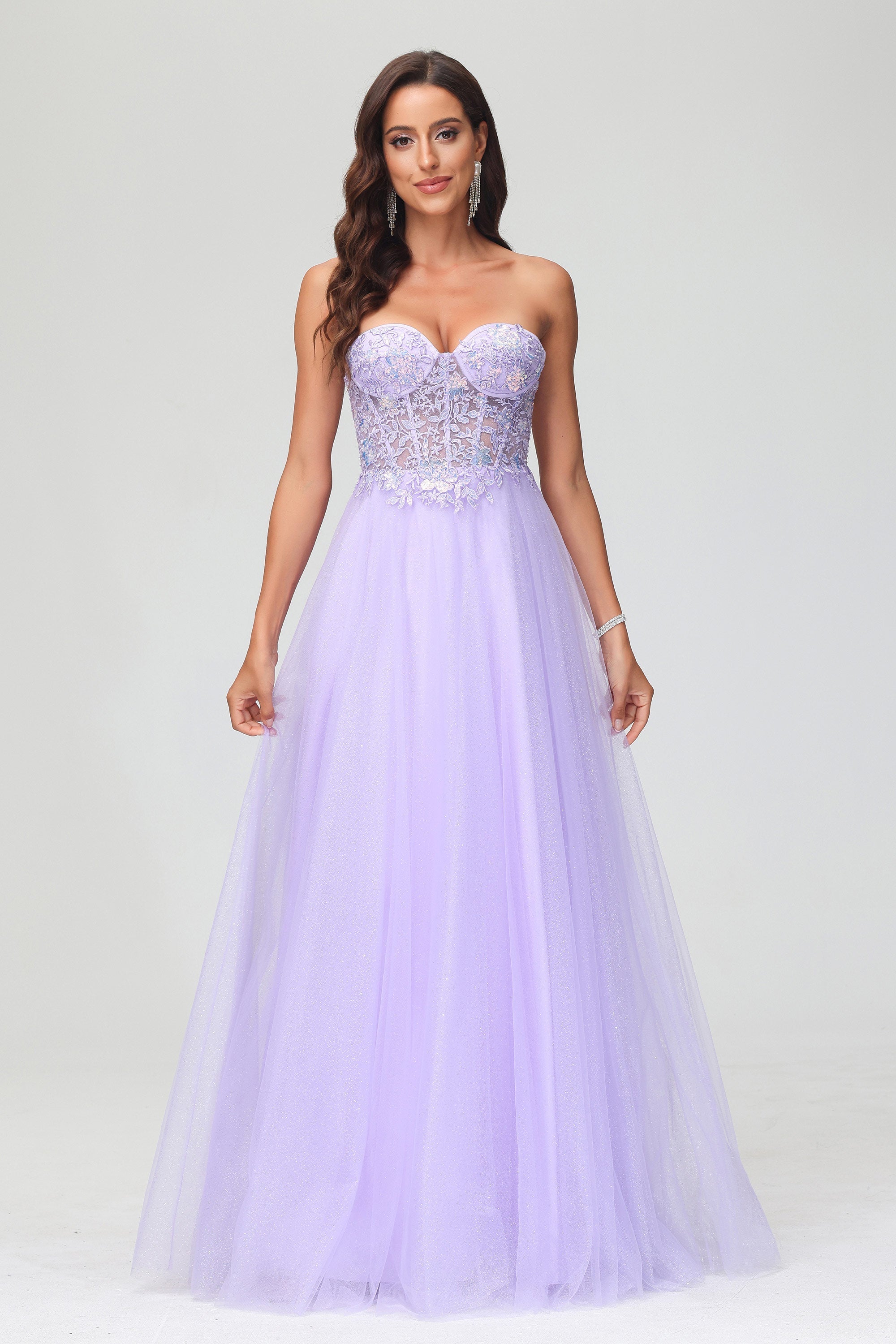 Sweetheart Bodice Applique A-Line Tulle Floor-Length Prom Party Dress Evening Ball Gowns