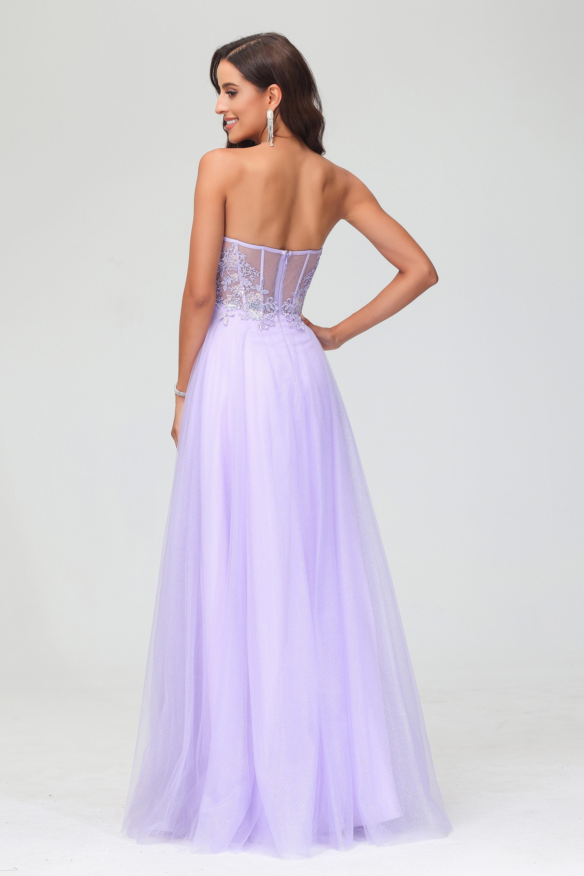 Sweetheart Bodice Applique A-Line Tulle Floor-Length Prom Party Dress Evening Ball Gowns