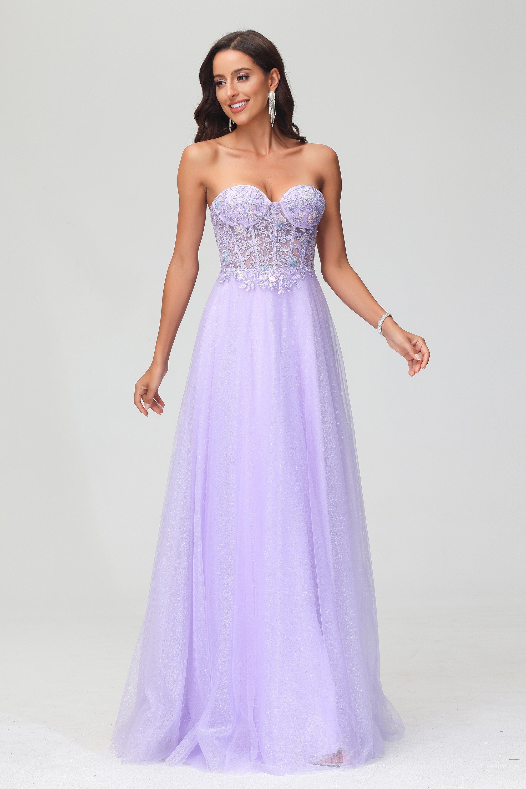 Sweetheart Bodice Applique A-Line Tulle Floor-Length Prom Party Dress Evening Ball Gowns