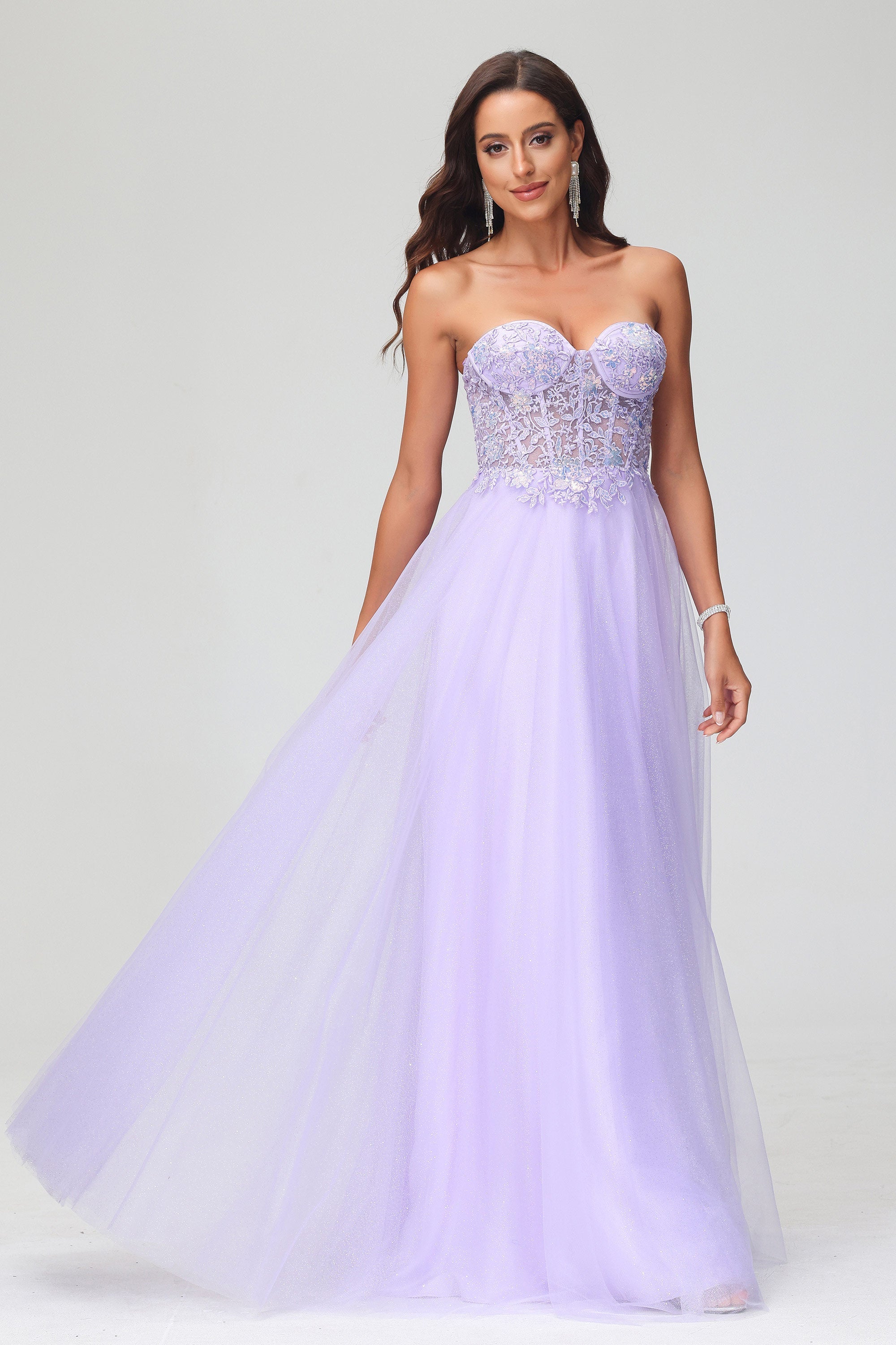 Sweetheart Bodice Applique A-Line Tulle Floor-Length Prom Party Dress Evening Ball Gowns