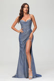 Sweetheart Pleated High Slit Sheath Glitter Sweep Train Formal Evening Gown Prom Party Dress