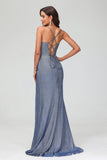 Sweetheart Pleated High Slit Sheath Glitter Sweep Train Formal Evening Gown Prom Party Dress