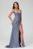 Sweetheart Pleated High Slit Sheath Glitter Sweep Train Formal Evening Gown Prom Party Dress