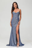 Sweetheart Pleated High Slit Sheath Glitter Sweep Train Formal Evening Gown Prom Party Dress