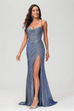 Sweetheart Pleated High Slit Sheath Glitter Sweep Train Formal Evening Gown Prom Party Dress