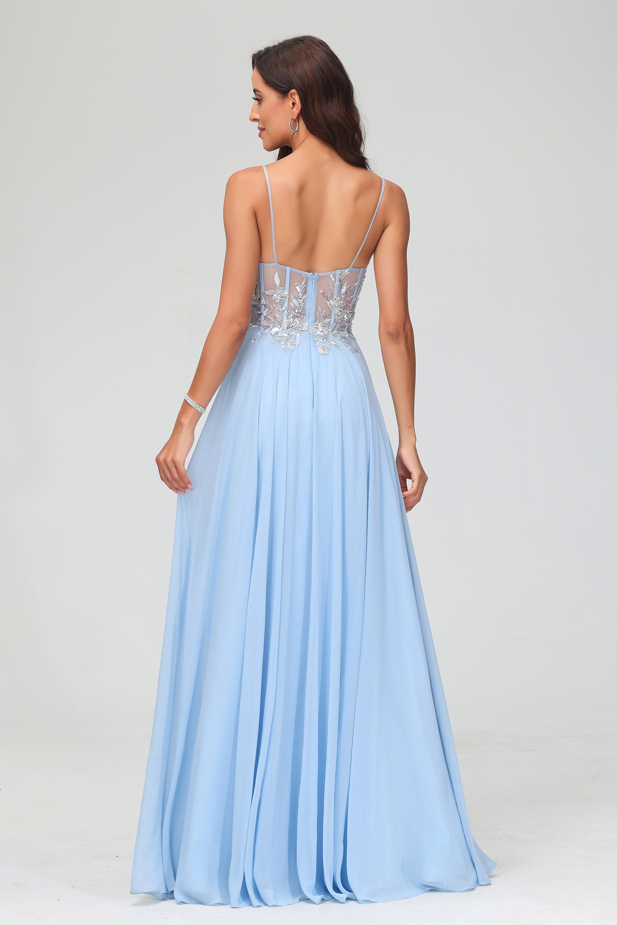 Applikationen A-Linie Durchsichtiges Chiffon Bodenlanges formelles Abendkleid Abschlussball Party Ballkleider