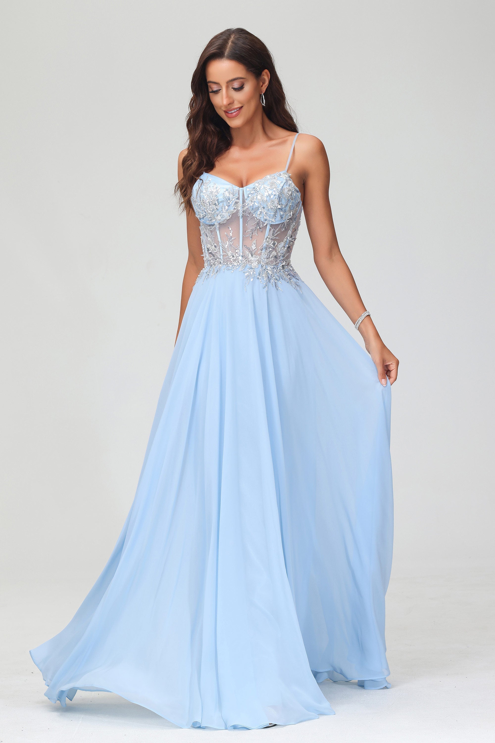 Applikationen A-Linie Durchsichtiges Chiffon Bodenlanges formelles Abendkleid Abschlussball Party Ballkleider