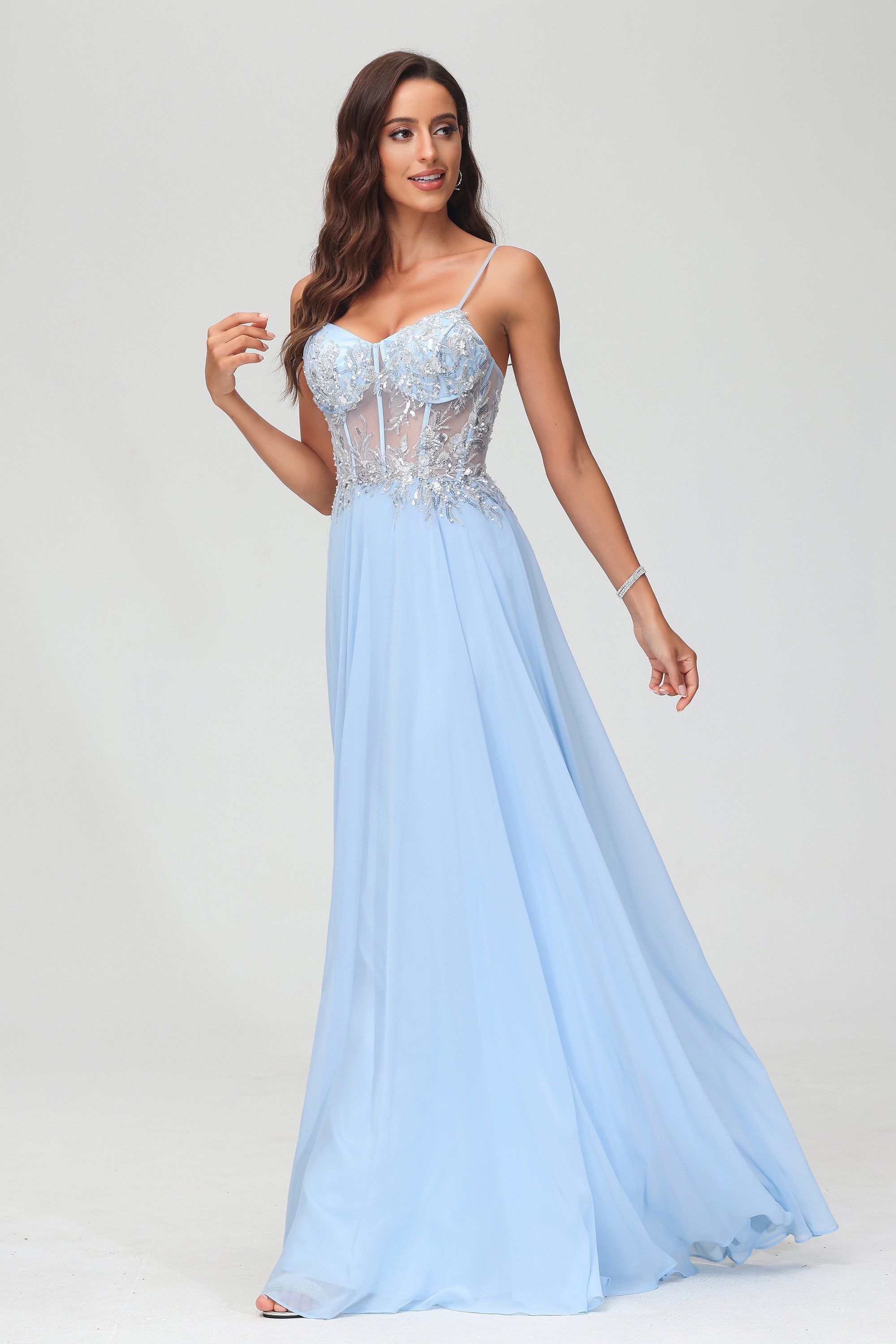 Applikationen A-Linie Durchsichtiges Chiffon Bodenlanges formelles Abendkleid Abschlussball Party Ballkleider