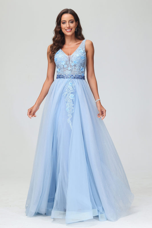 Vestidos de noche formales de tul con escote en V profundo, apliques, corte A, cola larga y fiesta de graduación