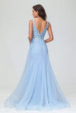 Vestidos de noche formales de tul con escote en V profundo, apliques, corte A, cola larga y fiesta de graduación