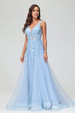 Vestidos de noche formales de tul con escote en V profundo, apliques, corte A, cola larga y fiesta de graduación