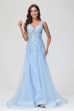 Vestidos de noche formales de tul con escote en V profundo, apliques, corte A, cola larga y fiesta de graduación