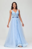 Vestidos de noche formales de tul con escote en V profundo, apliques, corte A, cola larga y fiesta de graduación