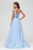 Vestidos de noche formales de tul con escote en V profundo, apliques, corte A, cola larga y fiesta de graduación