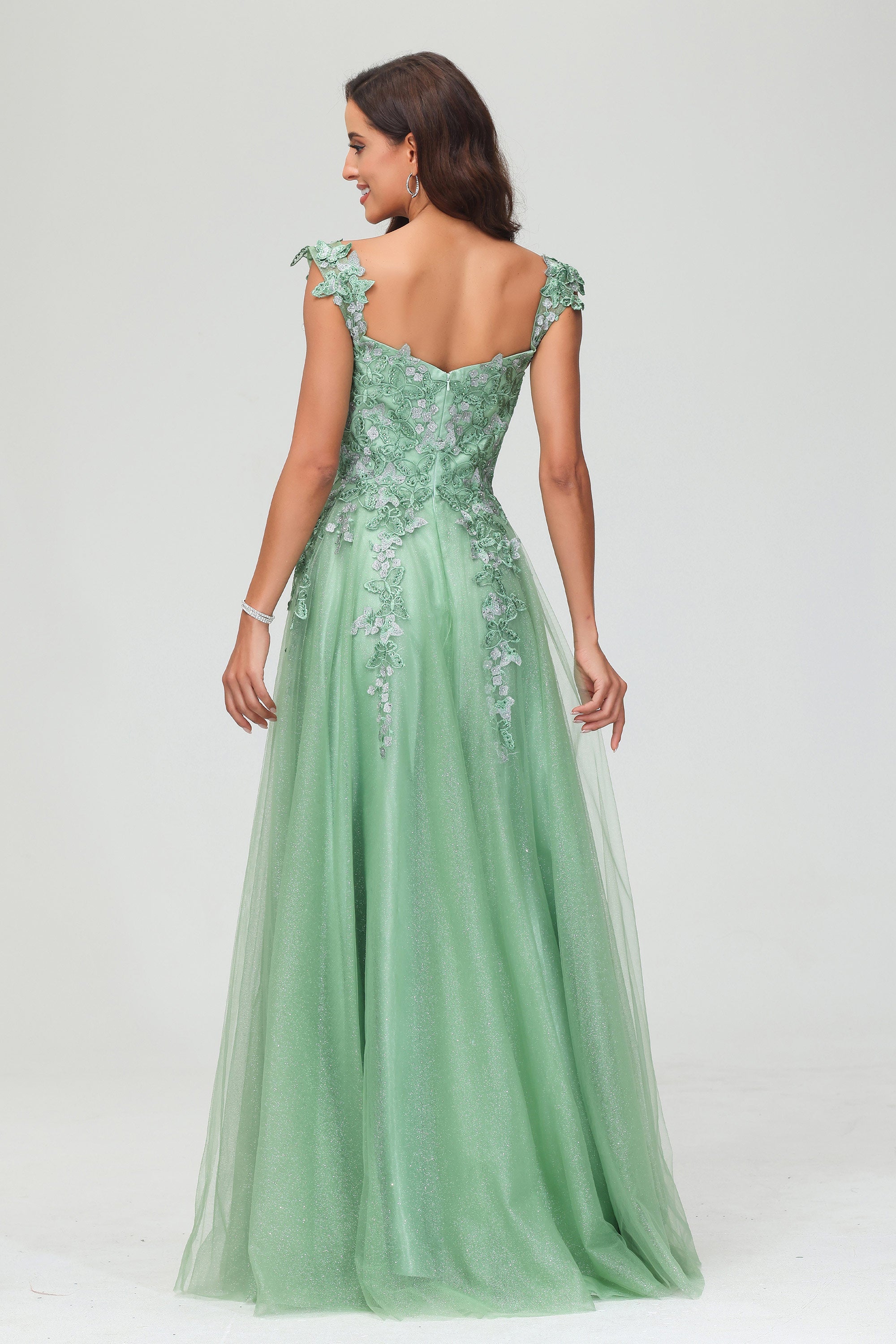 A Line Deep V Neck Lace Applique Glitter Tulle Prom Dress Formal Evening Party Gowns