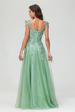 A Line Deep V Neck Lace Applique Glitter Tulle Prom Dress Formal Evening Party Gowns