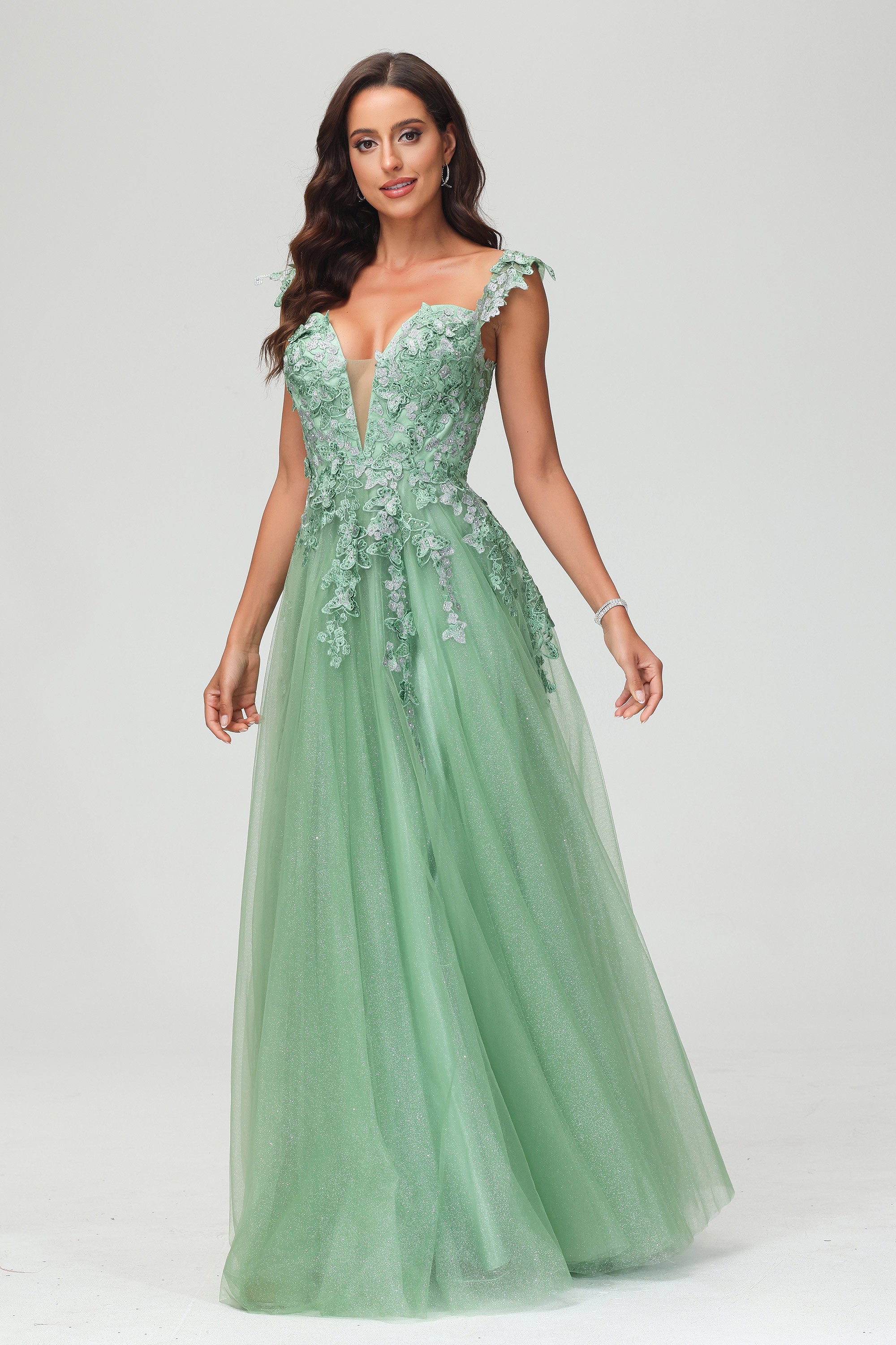 A Line Deep V Neck Lace Applique Glitter Tulle Prom Dress Formal Evening Party Gowns
