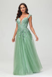 A Line Deep V Neck Lace Applique Glitter Tulle Prom Dress Formal Evening Party Gowns