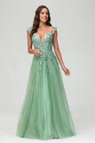 A Line Deep V Neck Lace Applique Glitter Tulle Prom Dress Formal Evening Party Gowns