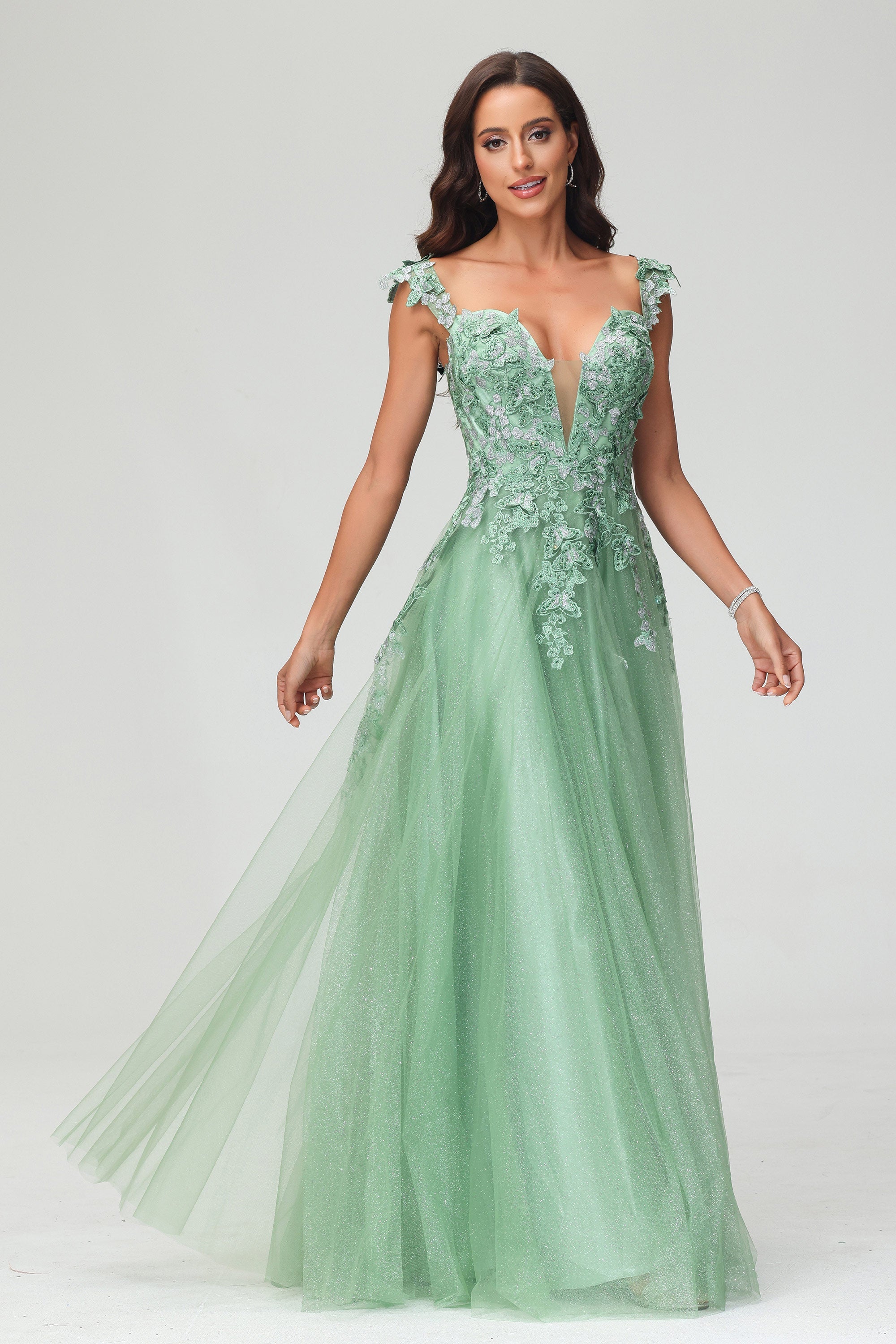A Line Deep V Neck Lace Applique Glitter Tulle Prom Dress Formal Evening Party Gowns