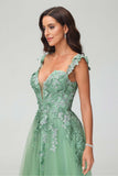 A Line Deep V Neck Lace Applique Glitter Tulle Prom Dress Formal Evening Party Gowns