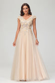 V Neck Floral Applique See-through Beaded Tulle Prom Evening Dress Mother of the Bride Dresses