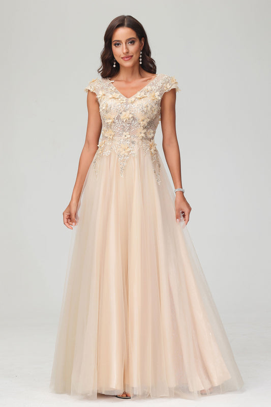 V Neck Floral Applique See-through Beaded Tulle Prom Evening Dress Mother of the Bride Dresses