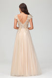V Neck Floral Applique See-through Beaded Tulle Prom Evening Dress Mother of the Bride Dresses