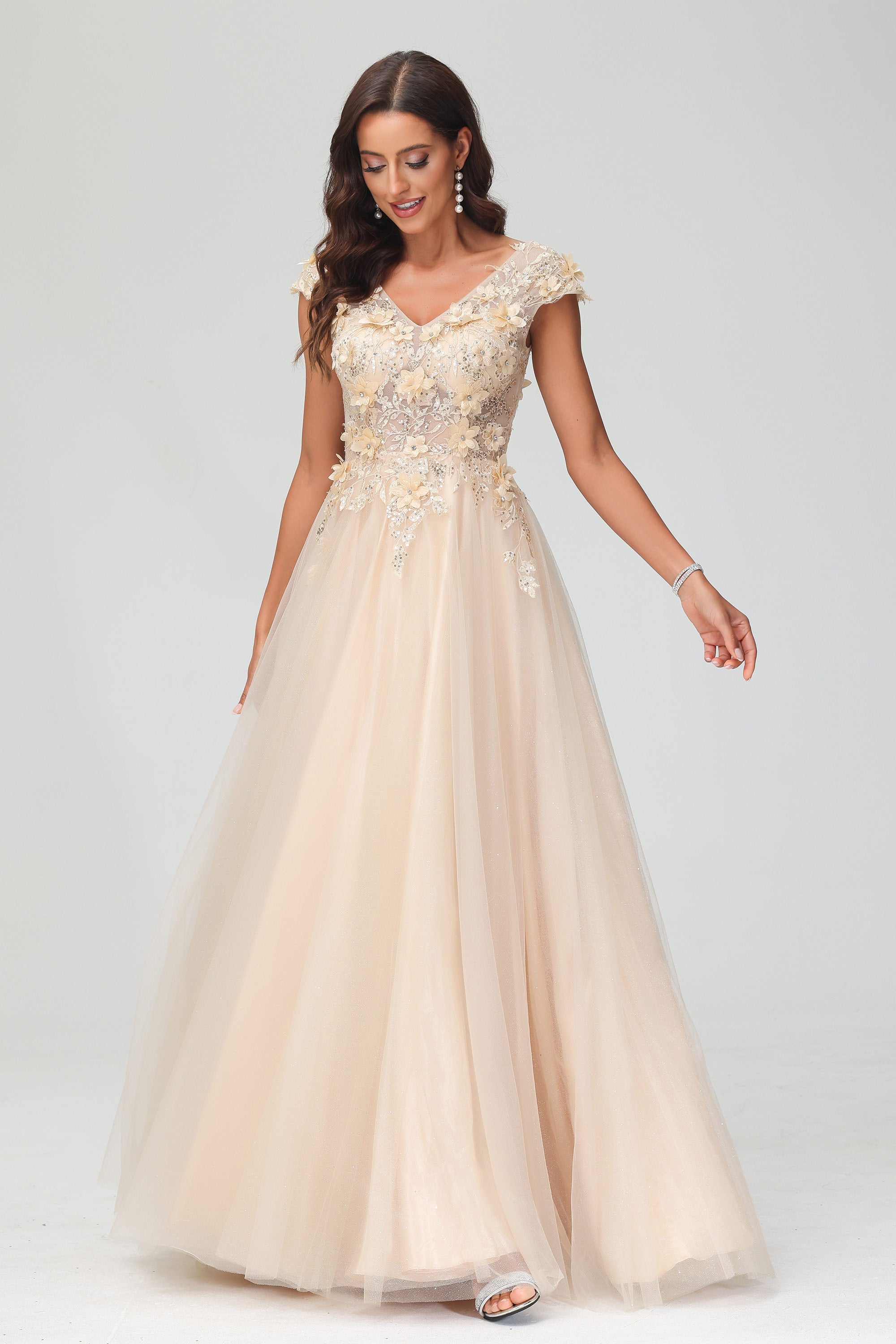 V Neck Floral Applique See-through Beaded Tulle Prom Evening Dress Mother of the Bride Dresses