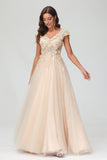 V Neck Floral Applique See-through Beaded Tulle Prom Evening Dress Mother of the Bride Dresses