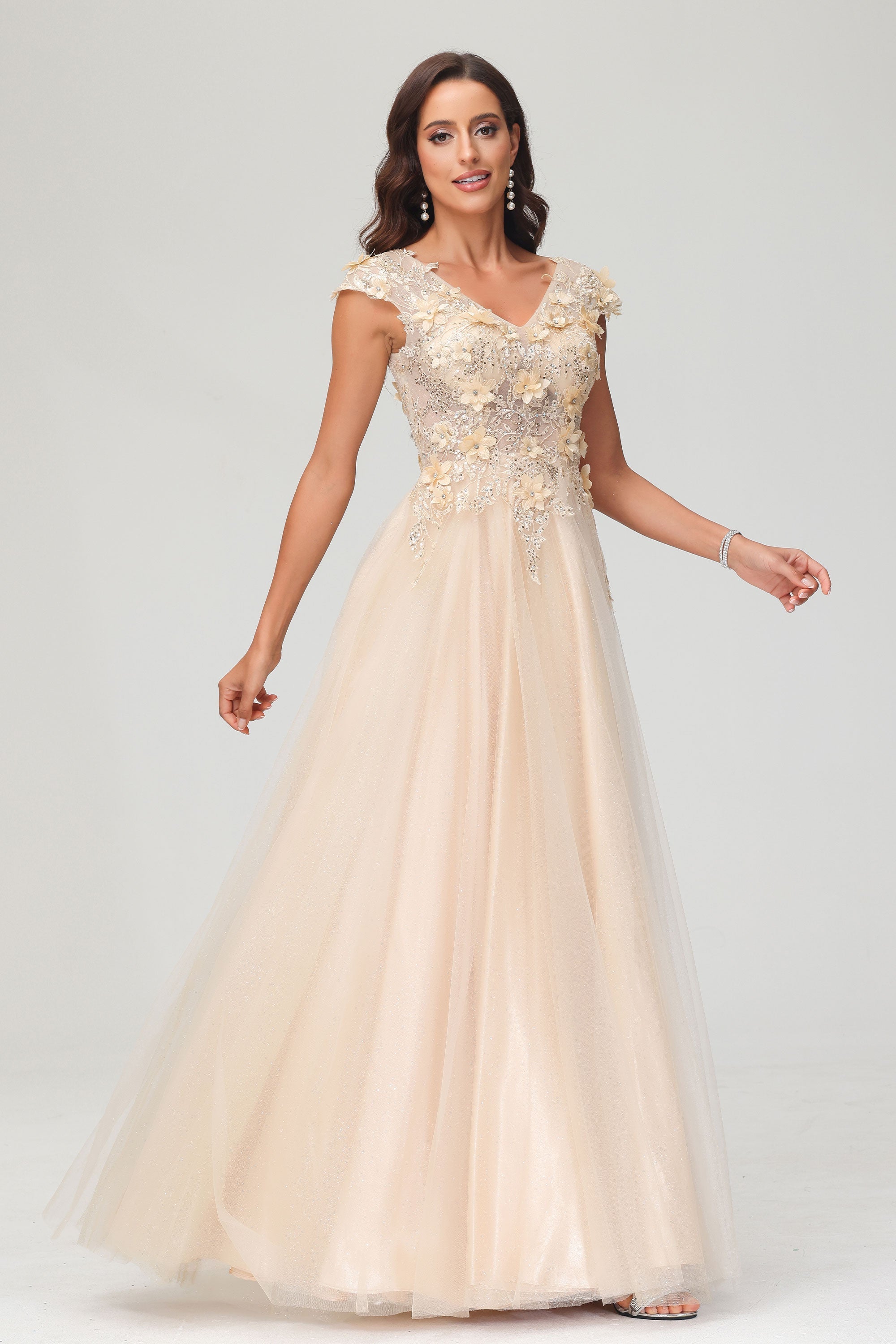 V Neck Floral Applique See-through Beaded Tulle Prom Evening Dress Mother of the Bride Dresses