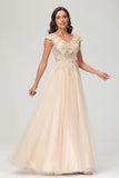 V Neck Floral Applique See-through Beaded Tulle Prom Evening Dress Mother of the Bride Dresses
