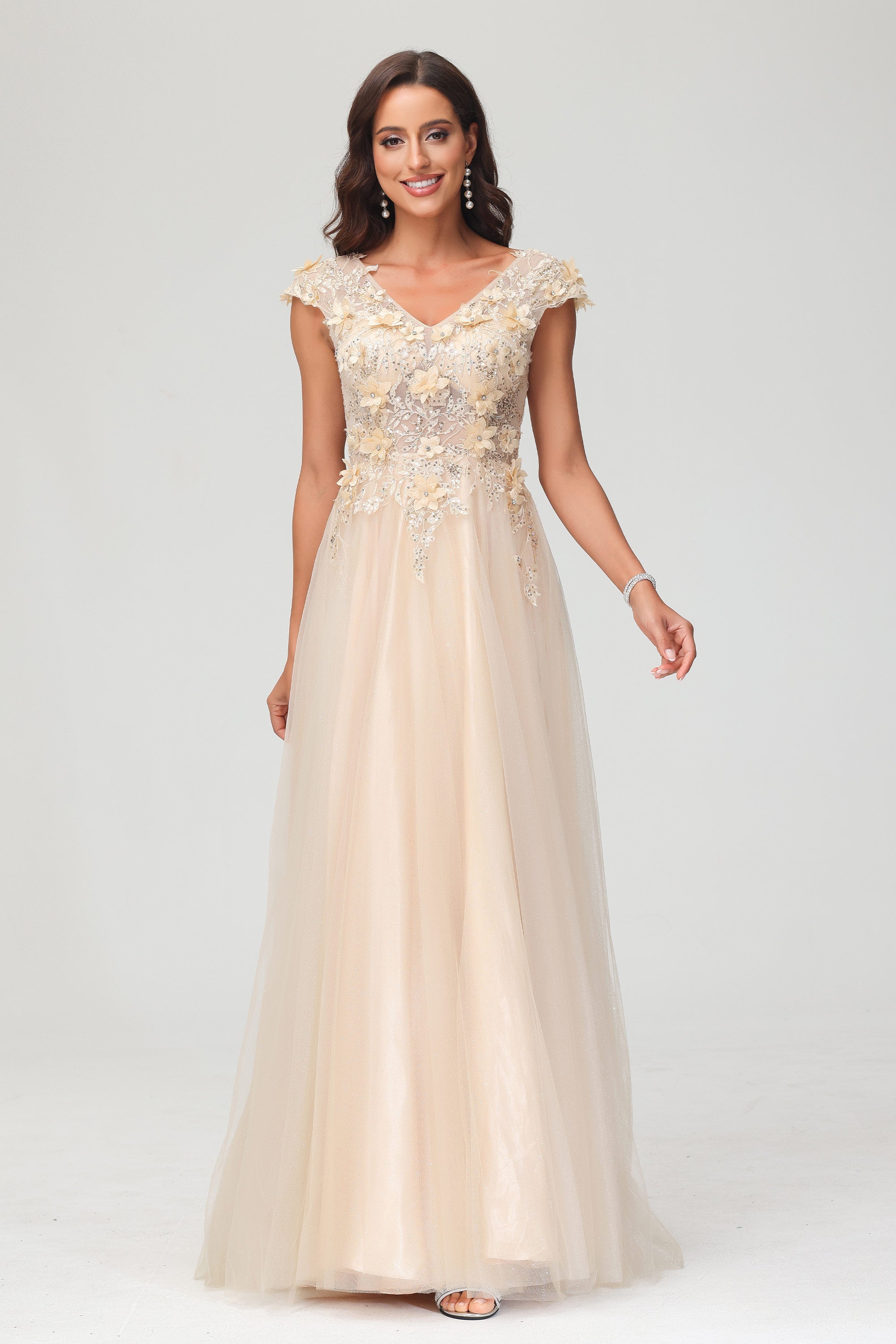 V Neck Floral Applique See-through Beaded Tulle Prom Evening Dress Mother of the Bride Dresses