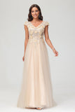 V Neck Floral Applique See-through Beaded Tulle Prom Evening Dress Mother of the Bride Dresses