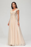 V Neck Floral Applique See-through Beaded Tulle Prom Evening Dress Mother of the Bride Dresses