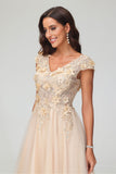 V Neck Floral Applique See-through Beaded Tulle Prom Evening Dress Mother of the Bride Dresses