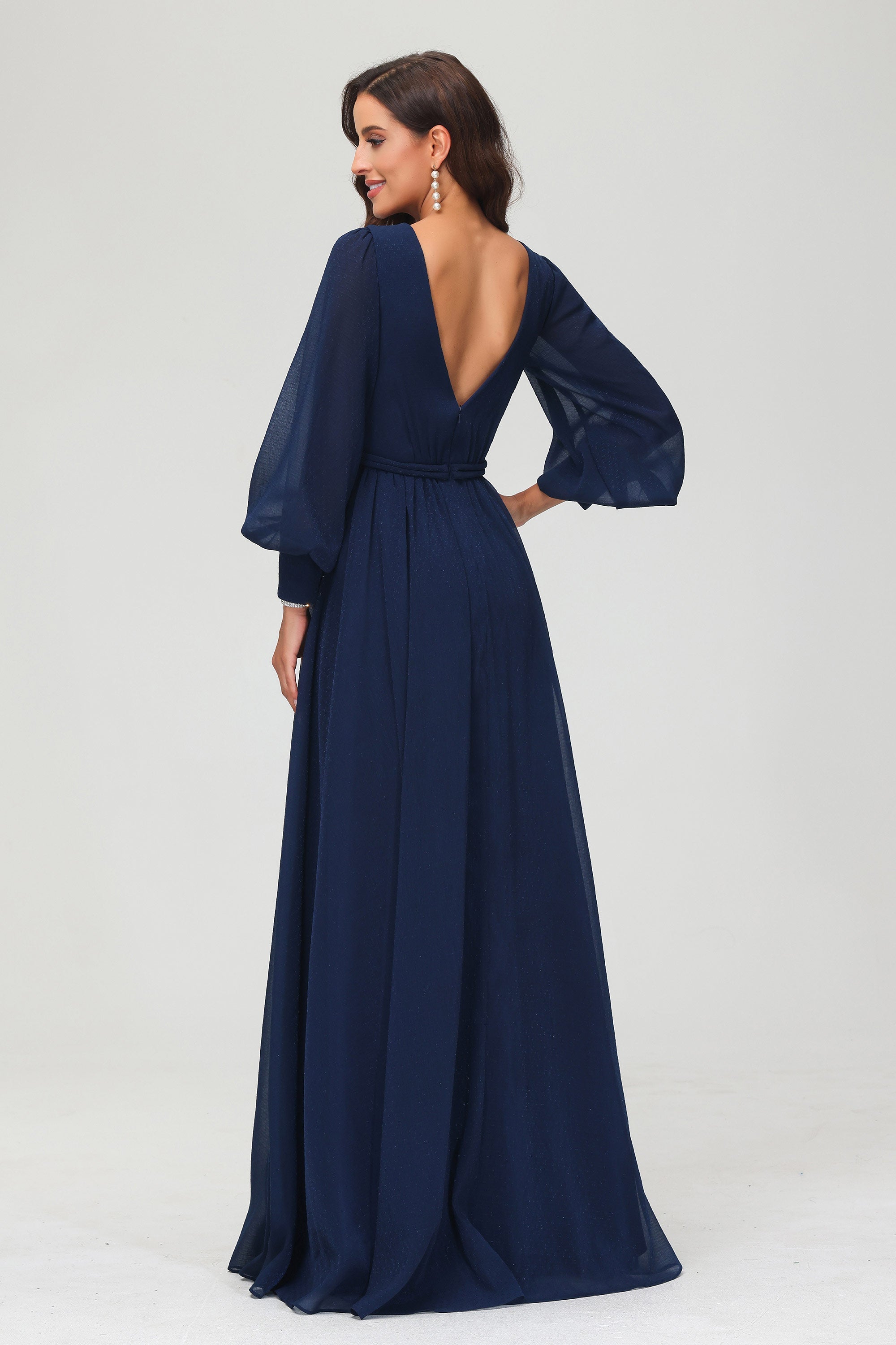 A Line V Neck Long Sleeves Floor Length Formal Evening Dress With Slit Mother of the Bride Gowns