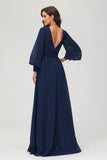 A Line V Neck Long Sleeves Floor Length Formal Evening Dress With Slit Mother of the Bride Gowns
